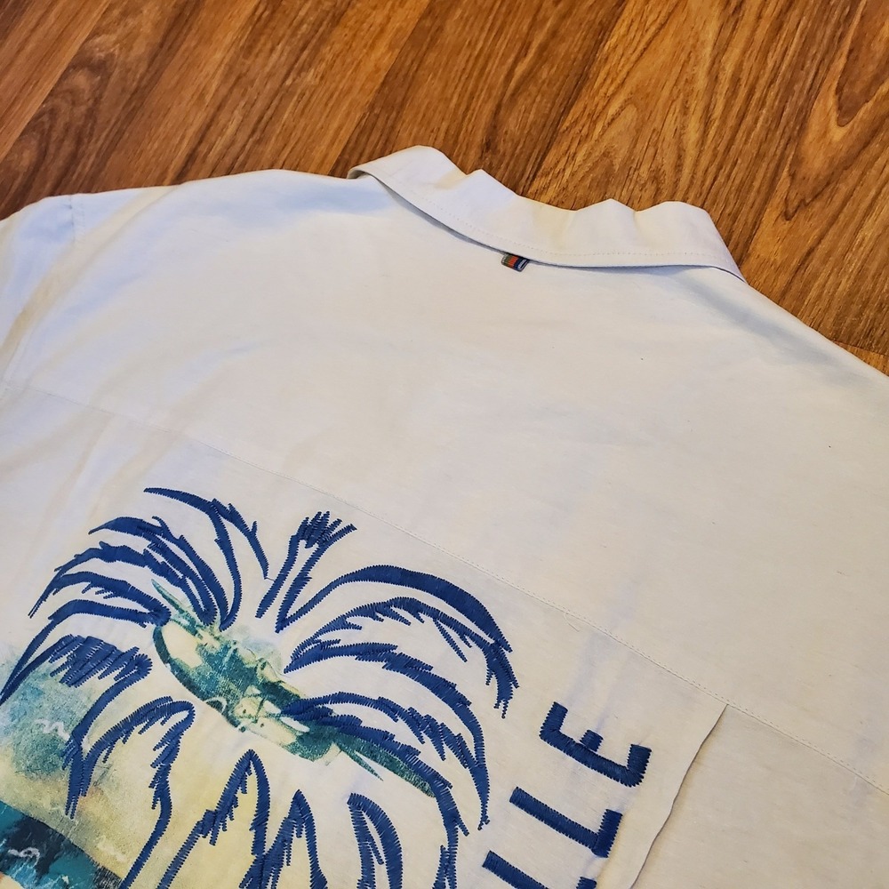 Margaritaville Shirt Men Large Cream Palm Guitar Button Up Silk Beach New